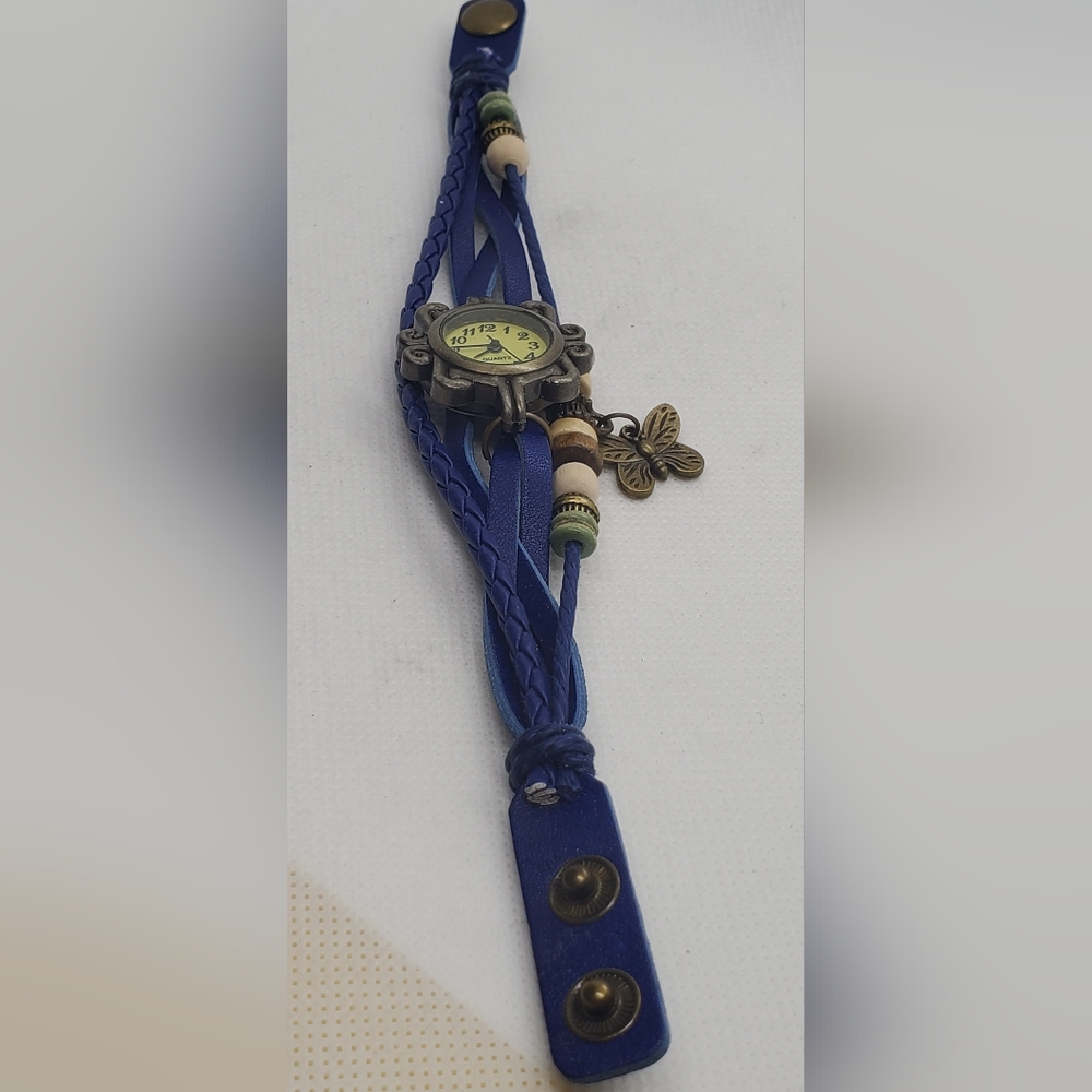 Watch In Blue Braided Leather with Butterfly Charm